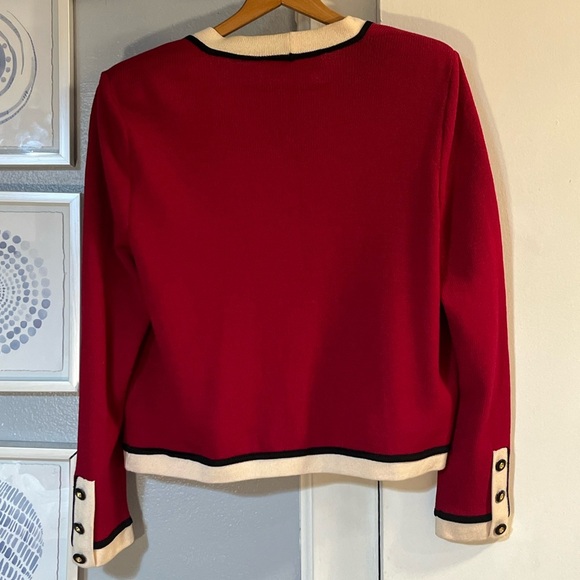 Vintage St. John Women's Red Wool Blend Jacket Blazer Sweater Cream Trim Size L - Picture 2 of 6